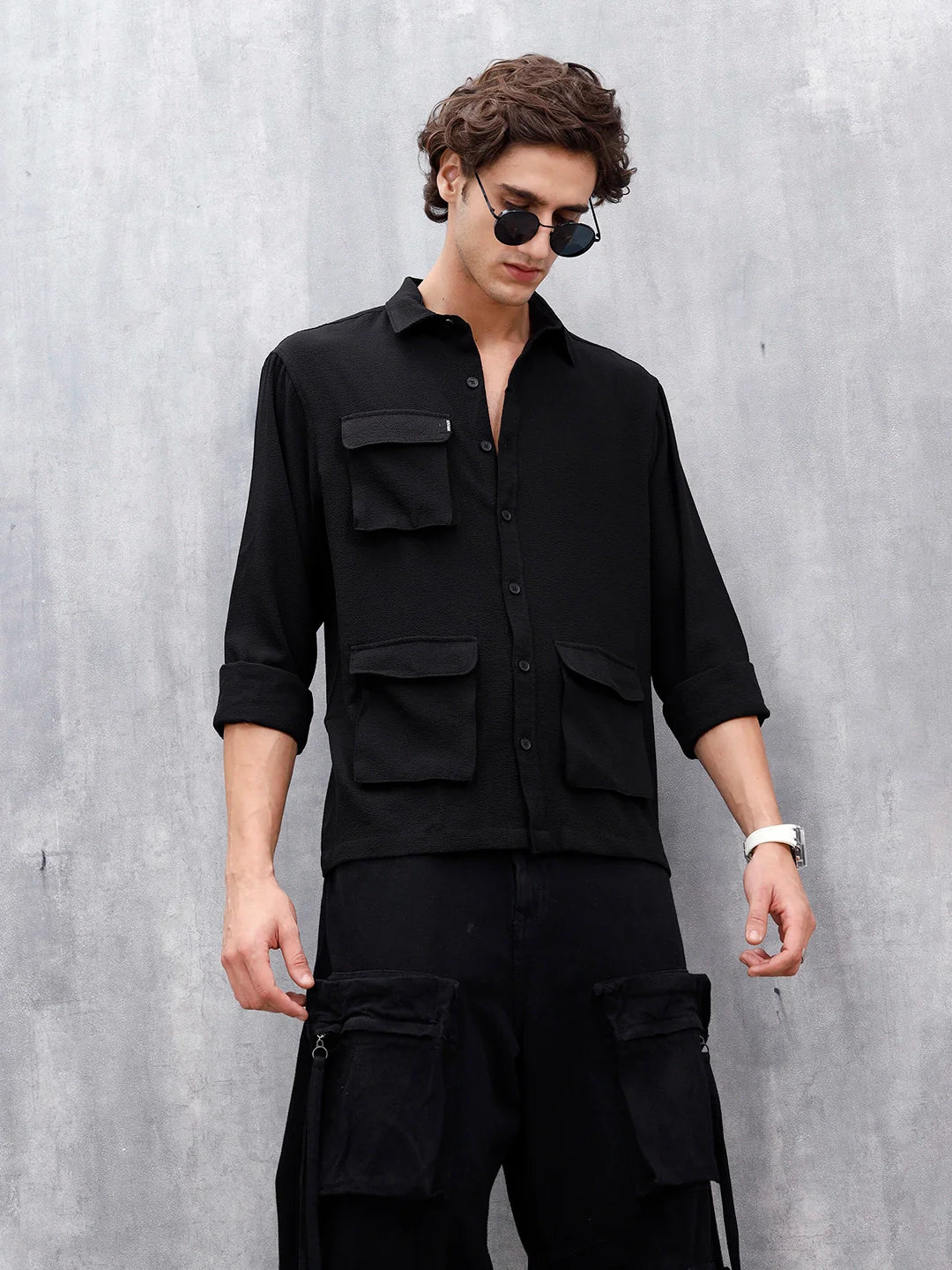 Comfort Fit Solid Shirt With Utility Pockets | Black