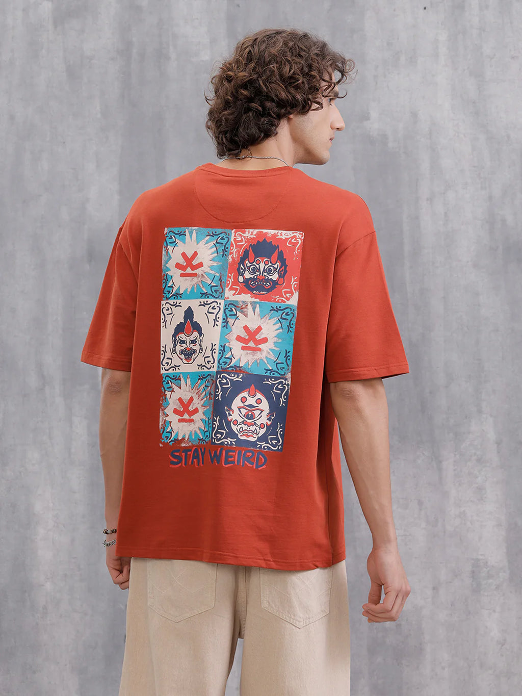 Mythical Face Inspired Back Print T-Shirt | Rust