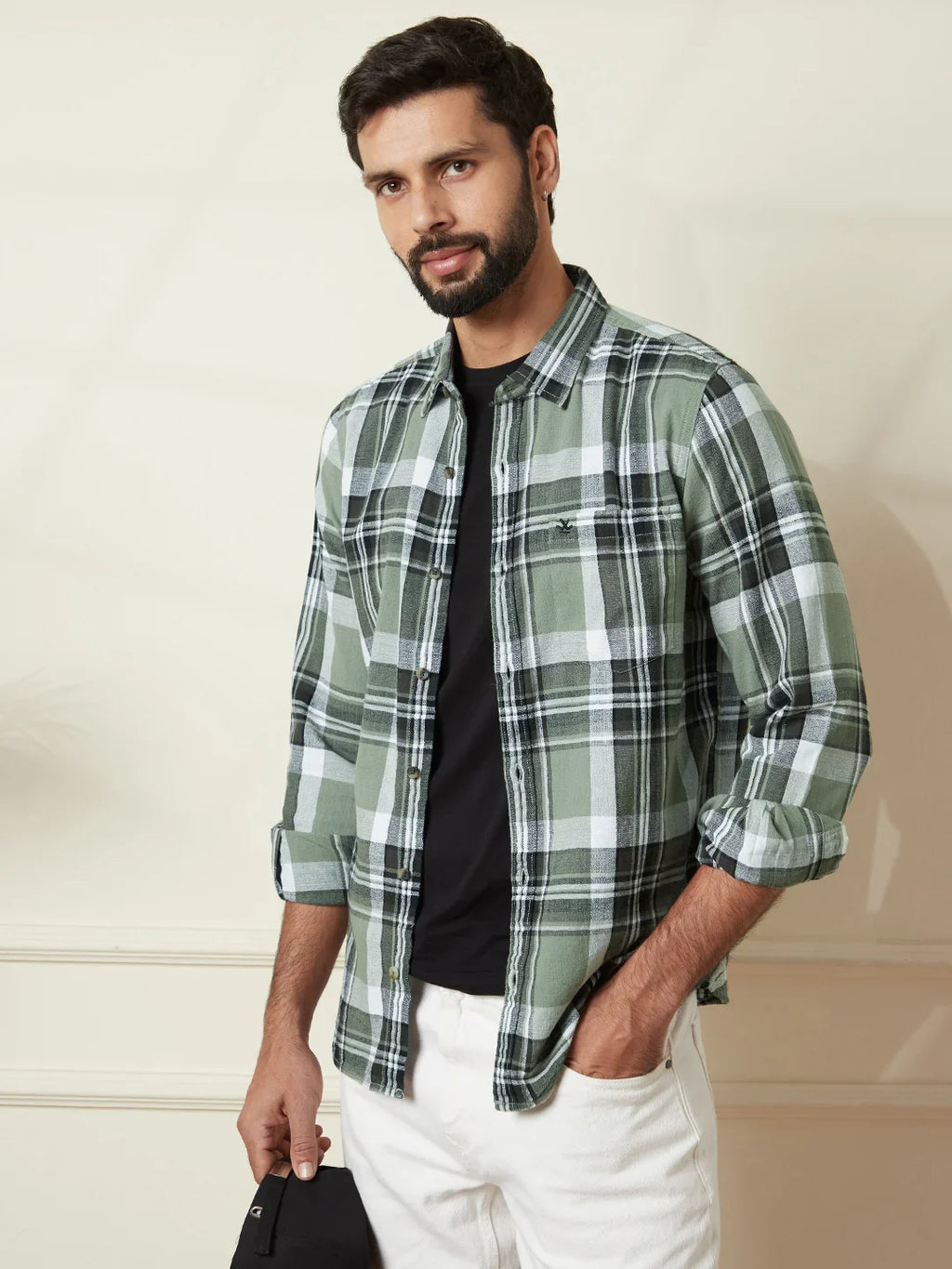 Checked Slim Fit Textured Shirt | Olive