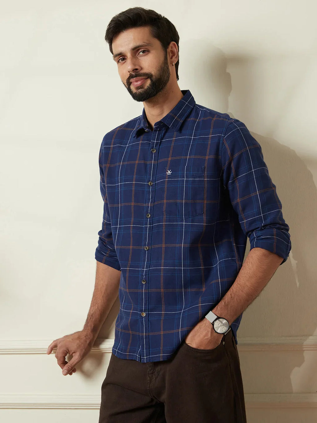 Checked Twill Slim Fit Shirt | Blue