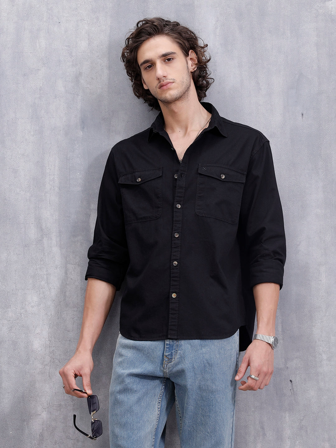 Comfort Fit Double Pocket Solid Shirt | Black