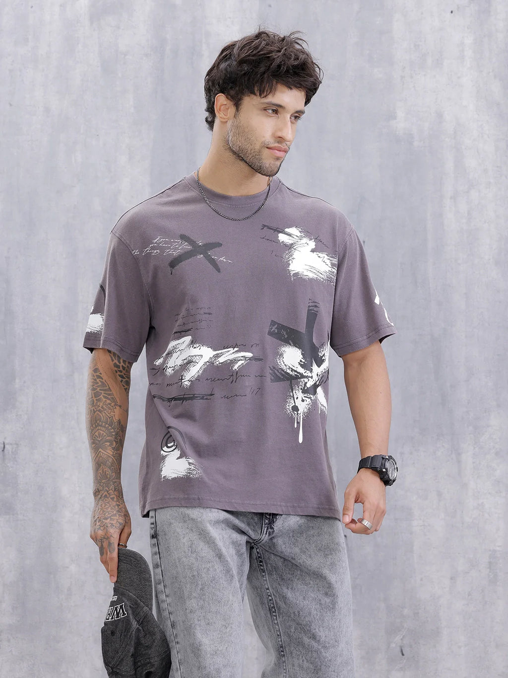 Grafitti Inspired Acid Washed Placement Print Oversized Fit T-Shirt | Grey