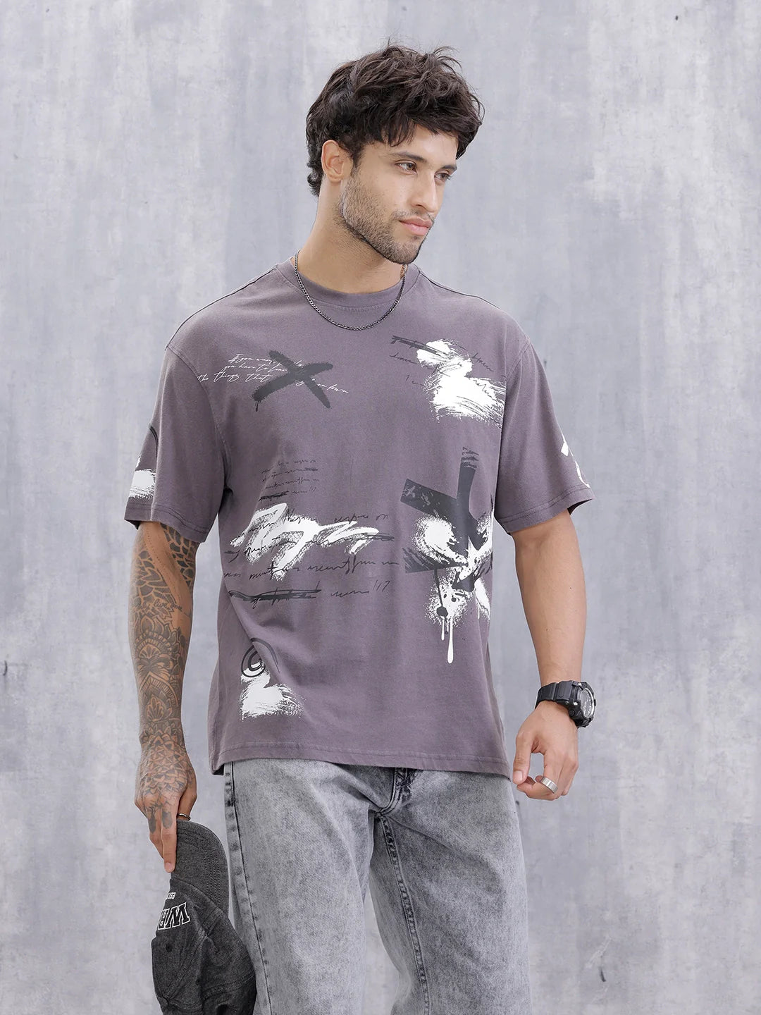 Grafitti Inspired Acid Washed Placement Print Oversized Fit T-Shirt | Grey