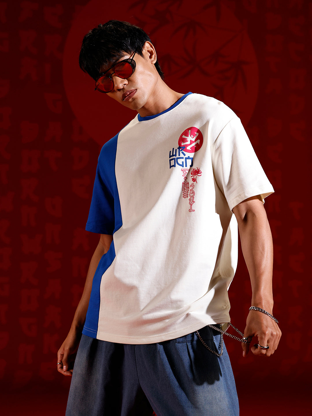 Japanese chest print color-block T-shirt | Off white