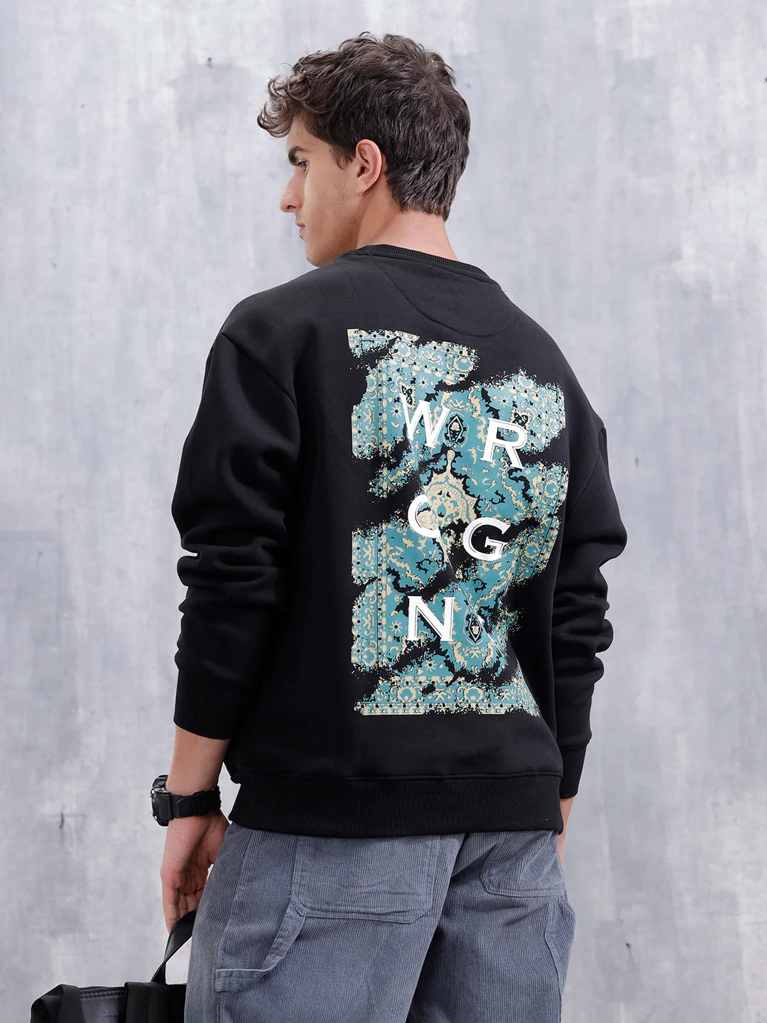 Carpet Tapestry Inspired Oversized Fleece Back Print Sweatshirt | Black