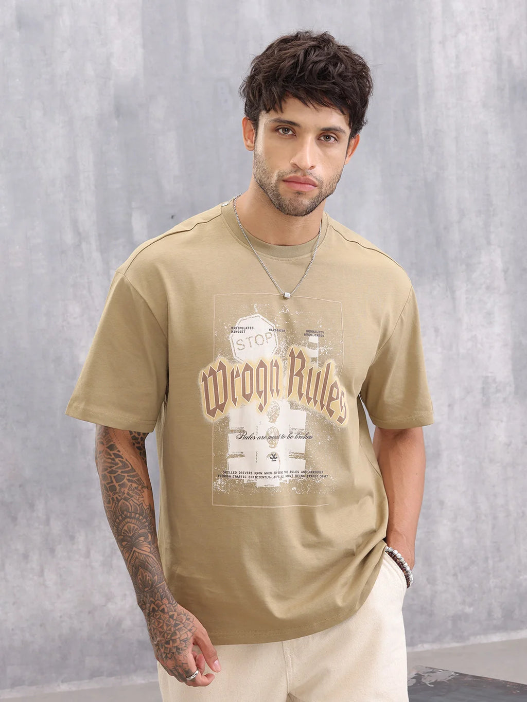 Retro Graphic Printed Oversized Fit T-shirt | Beige