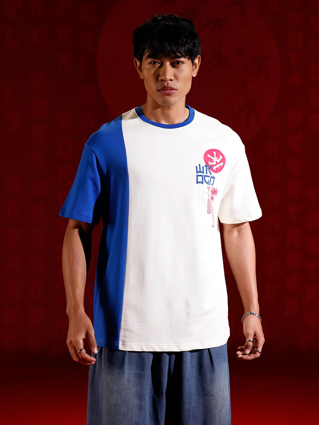 Japanese chest print color-block T-shirt | Off white