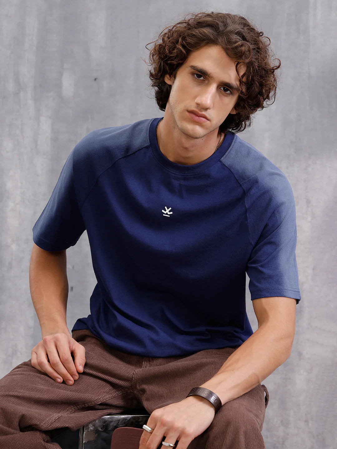 Placement Wash Oversized Fit Pure Cotton T-Shirt  | Navy Blue