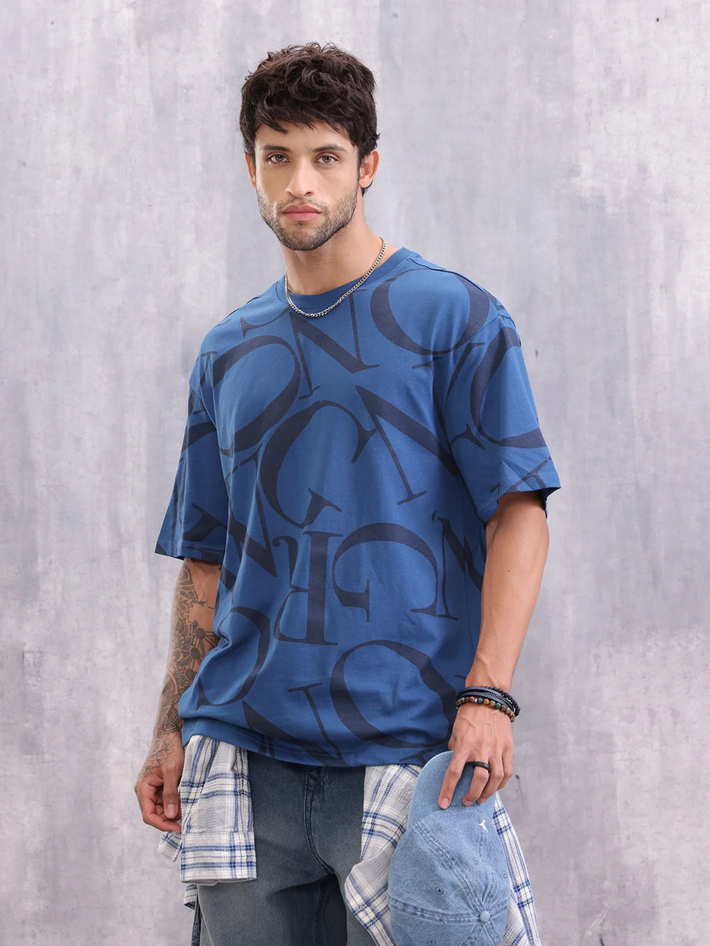 Typo Inspired Tonal Aop Oversized Fit T-shirt | Dark Blue