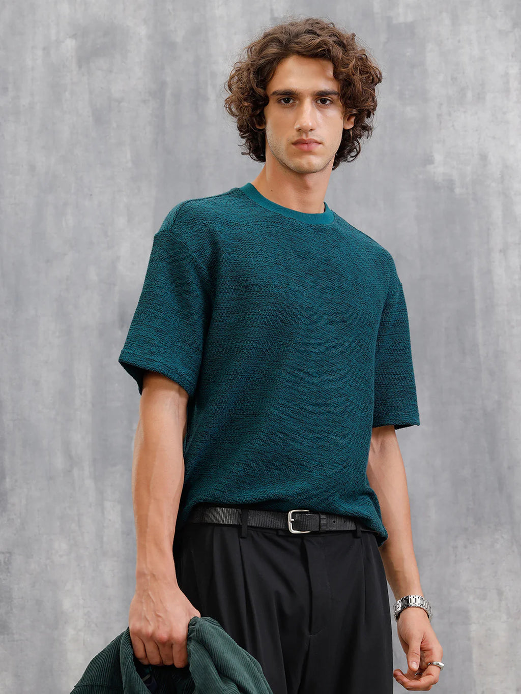 Two Tone Textured Slub Knit Oversized Crew Neck T-Shirt With Chunky Rib | Teal