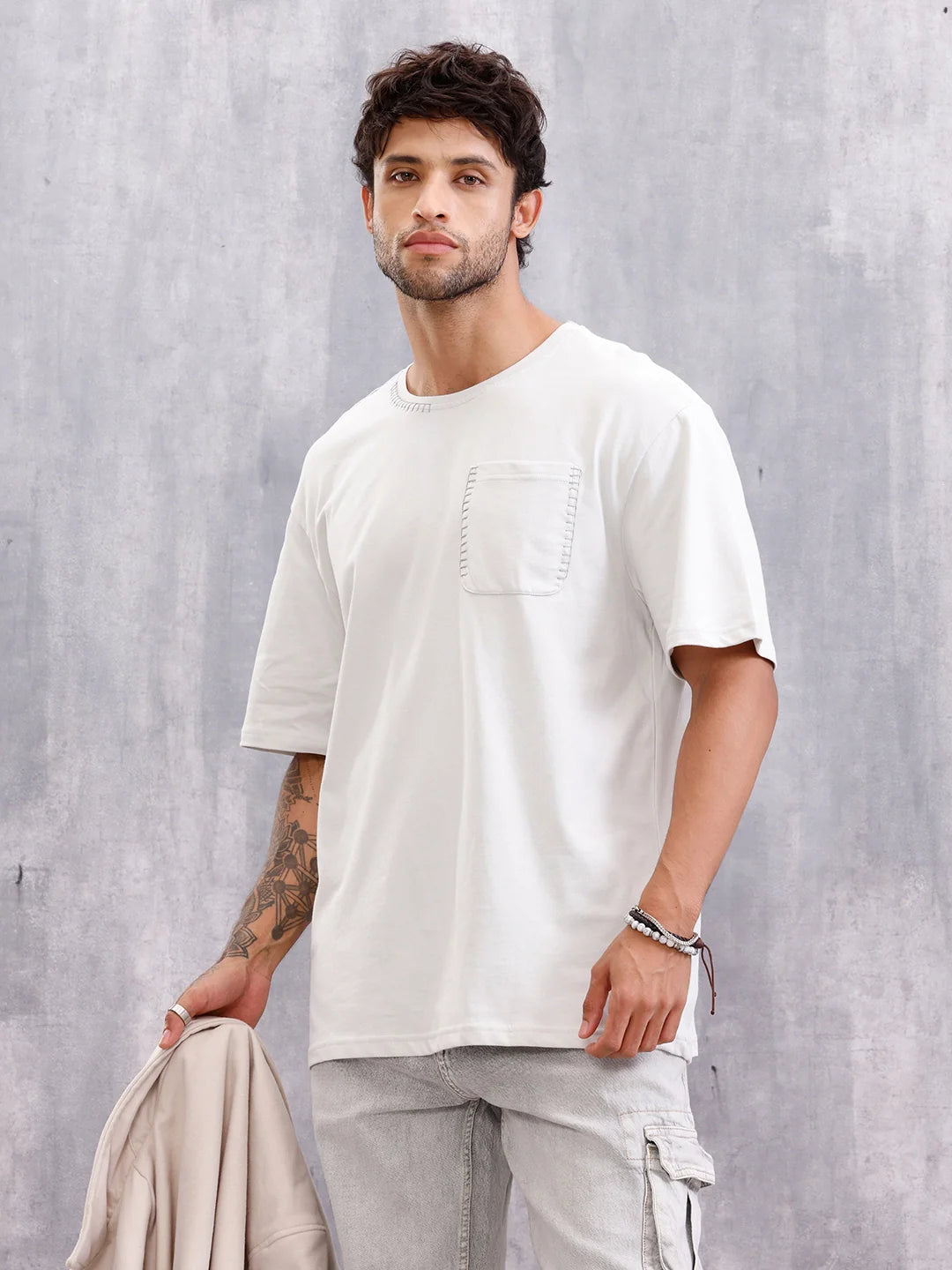 Contrast Stitch Detail Oversized Fit T-shirt With Patch Pocket | White
