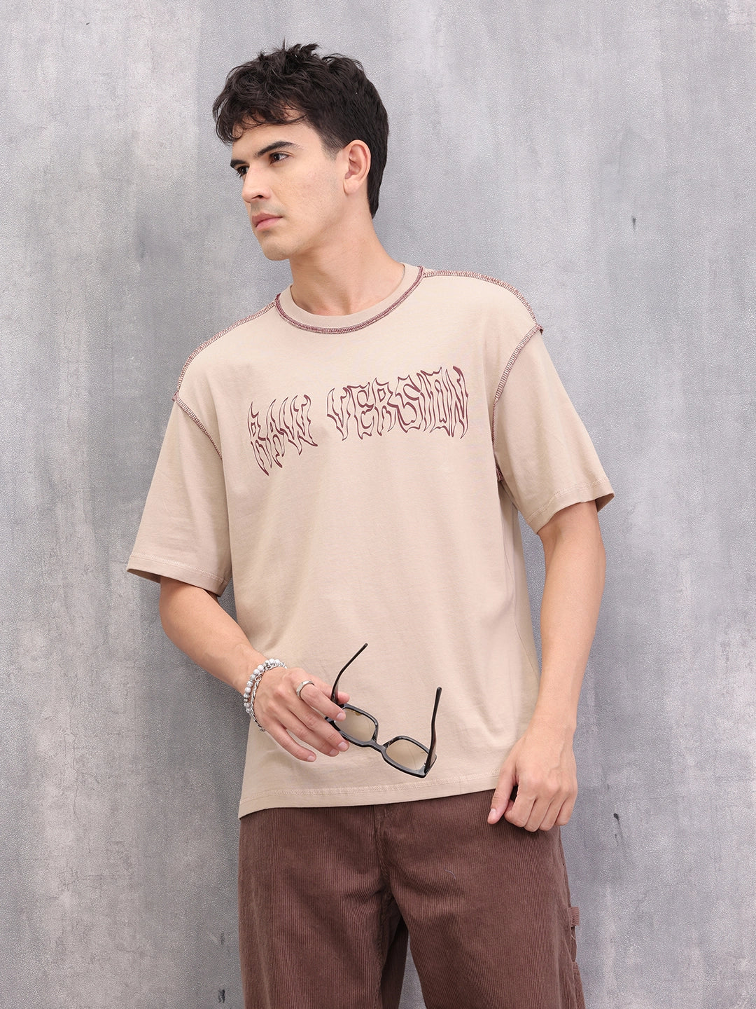 Contrast Stitch Detail Goth Inspired Oversized Fit T-shirt | Beige