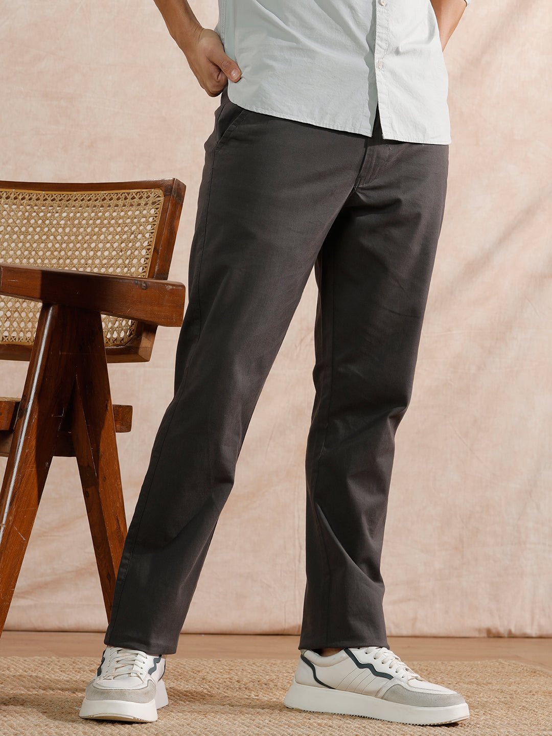 Solid Cotton Blend Trouser | Grey