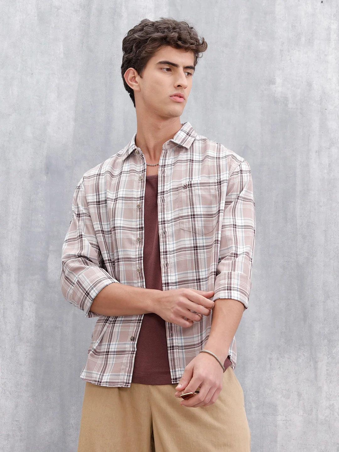 Comfort Fit Checkered Casual Shirt For Men | Peach