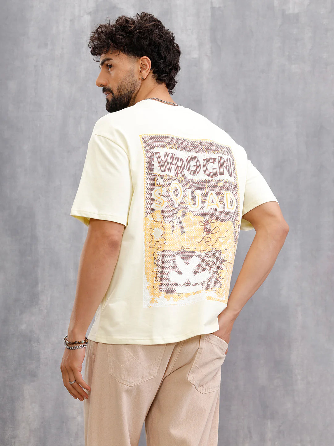 Frayed Yarn Look "Wrogn Squad" Oversized Back Print Crew Neck T-Shirt | Yellow