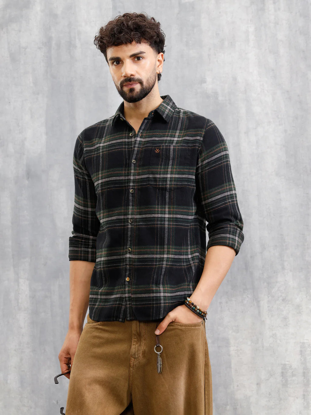 Brushed Flannel Check Shirt In Twill | Dark Green