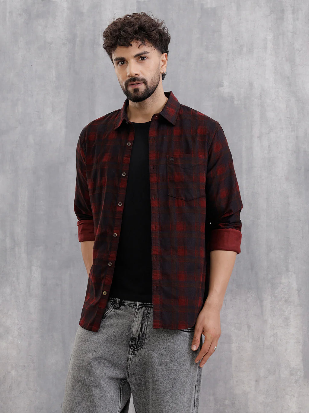 Corduroy Check Printed Shirt In Slim Fit | Maroon