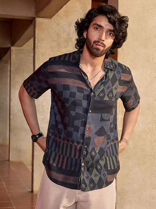 AOP Flowy Light Weight Viscose Shirt | Black