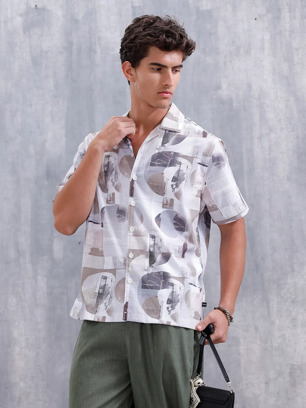 Abstract Aop Printed Comfort Fit Resort Collar Shirt | Grey