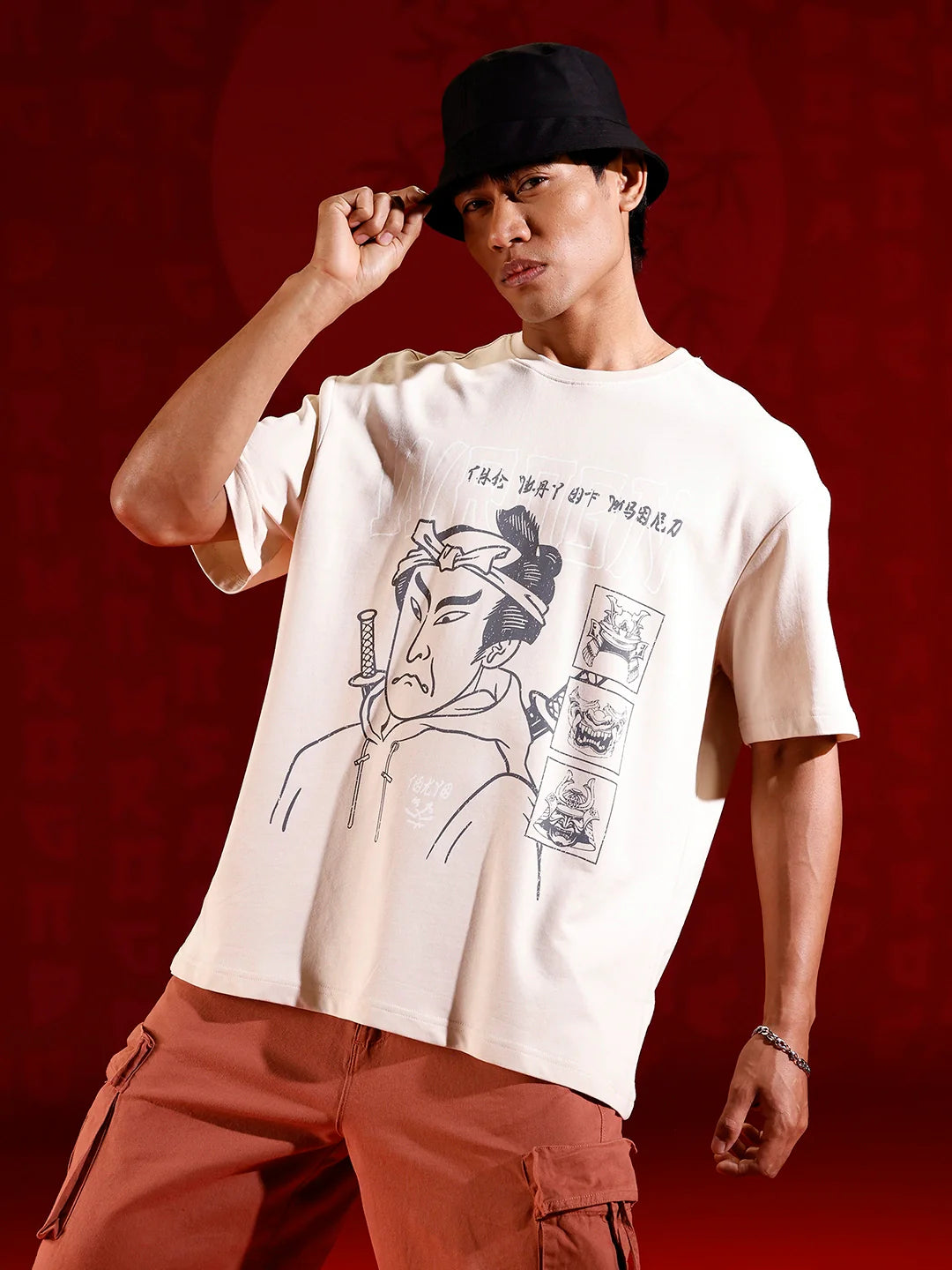 Oversized T-shirt with Samurai Graphic Print | Beige