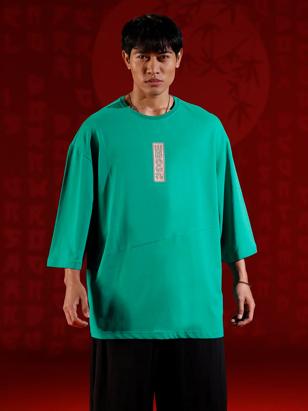 Oversize 3/4 sleeve tshirt with vertical label print detail | Green