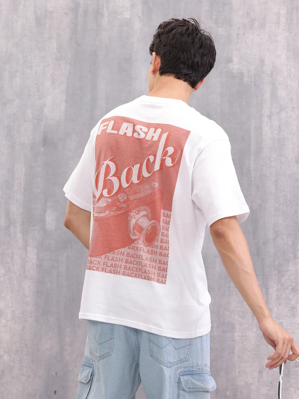 Retro Poster Back Graphic Printed Oversized Fit T-shirt | White