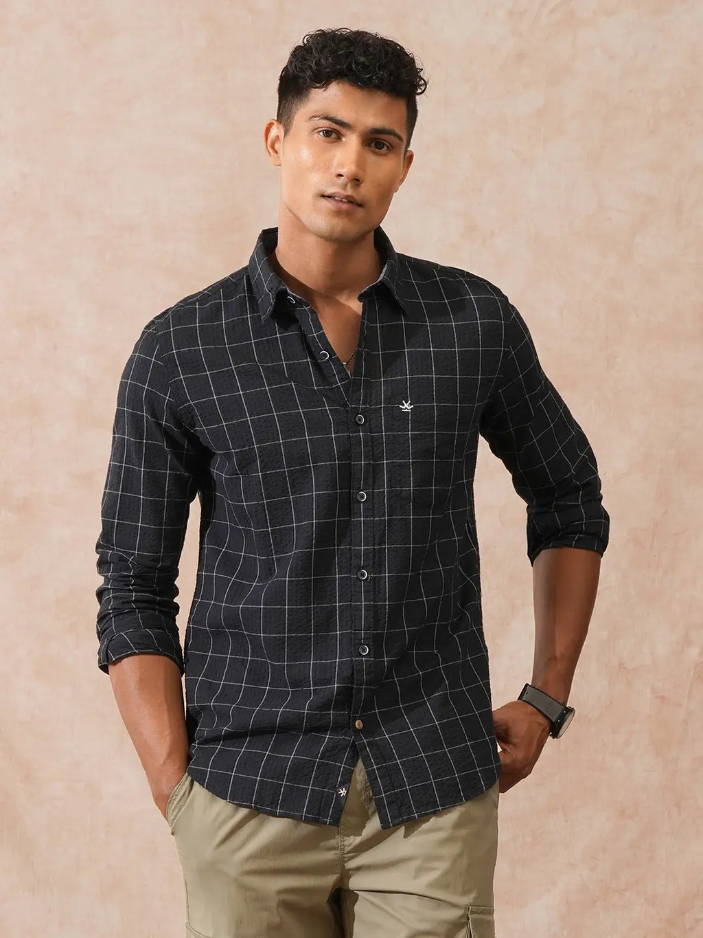 Checked Seersucker Slim Fit Shirt | Black