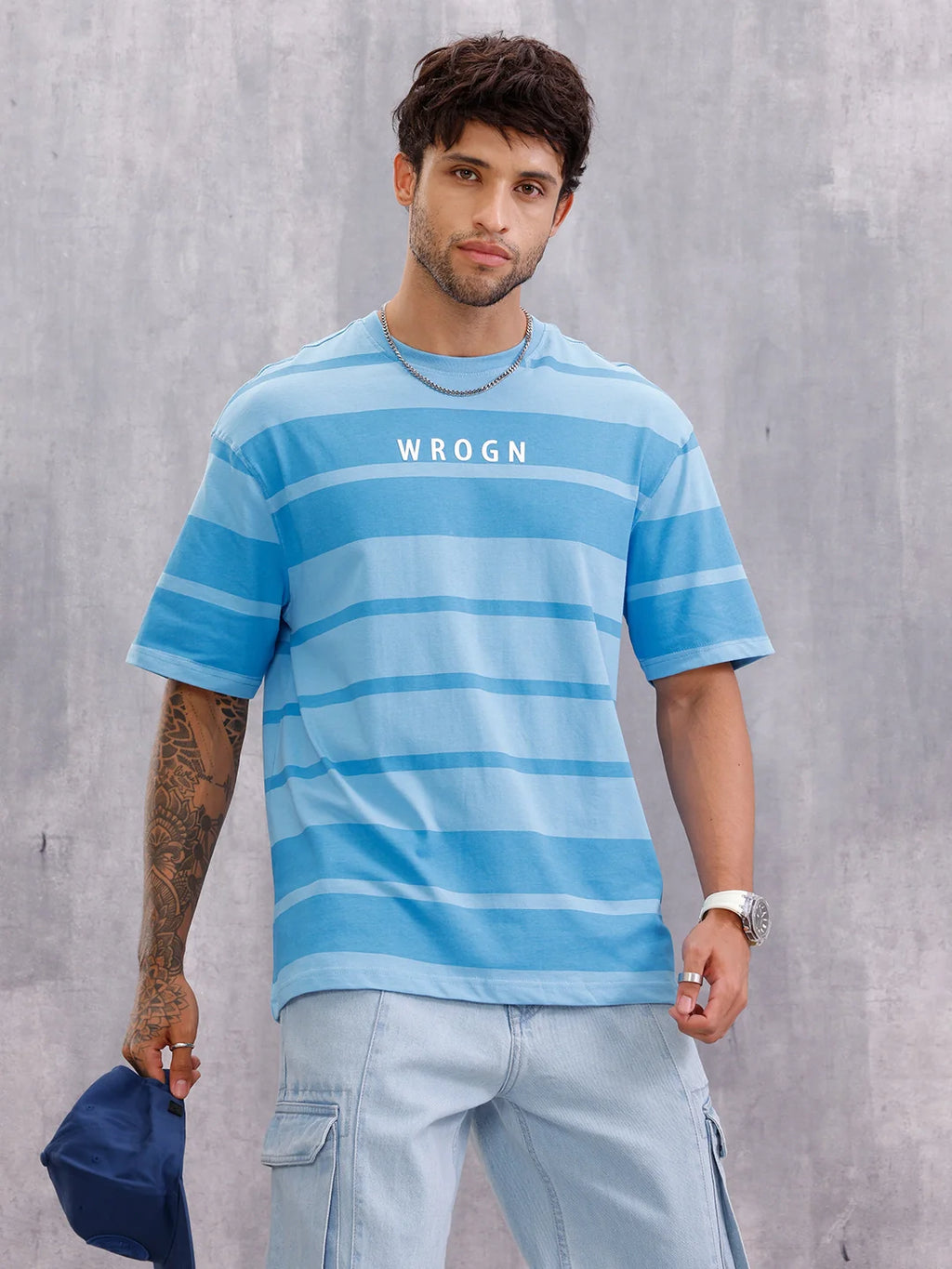 Tonal Printed All Over Striper Tee I Blue