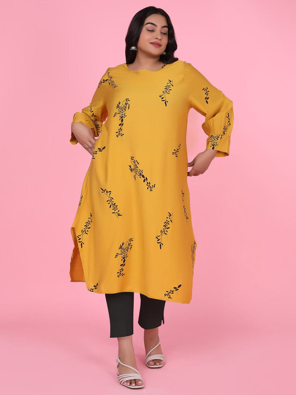 Women's Floral Straight Mustard Kurta