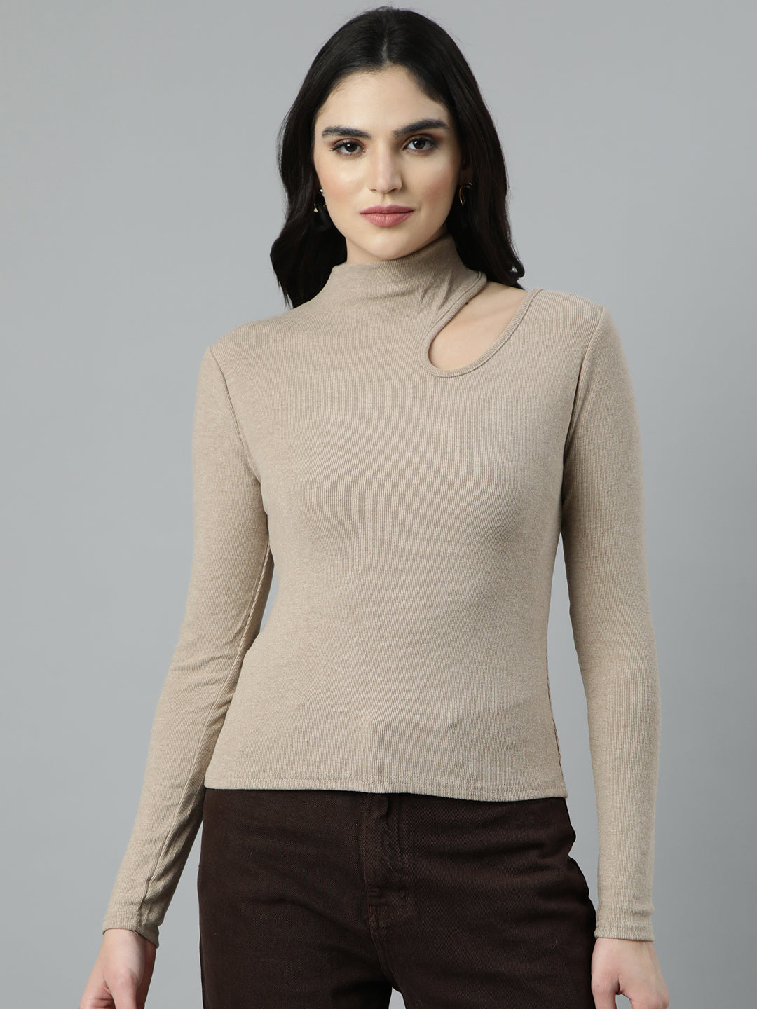 Women's Beige High Neck Long Sleeves Cut-Out Detail Fitted Top