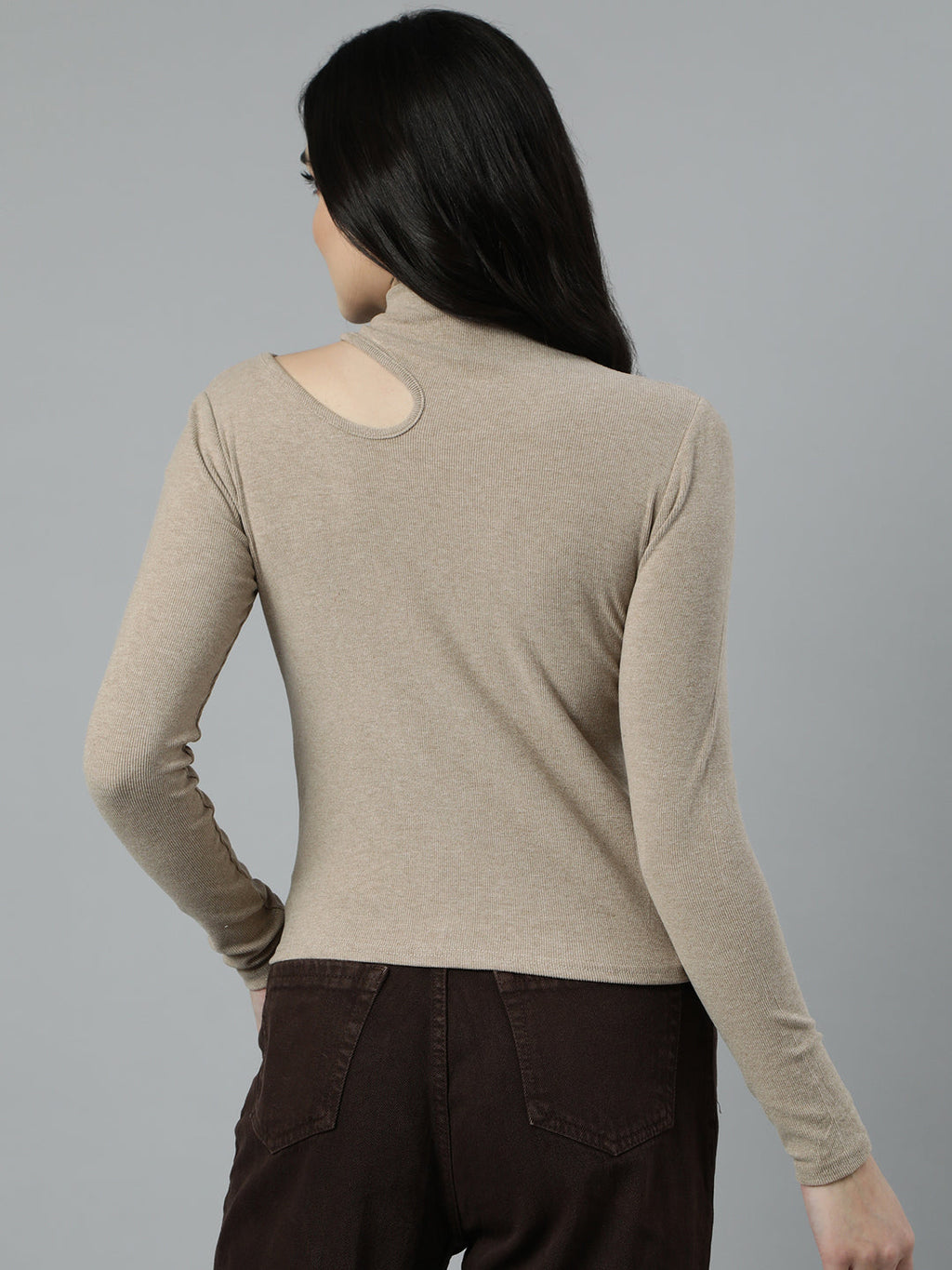 Women's Beige High Neck Long Sleeves Cut-Out Detail Fitted Top