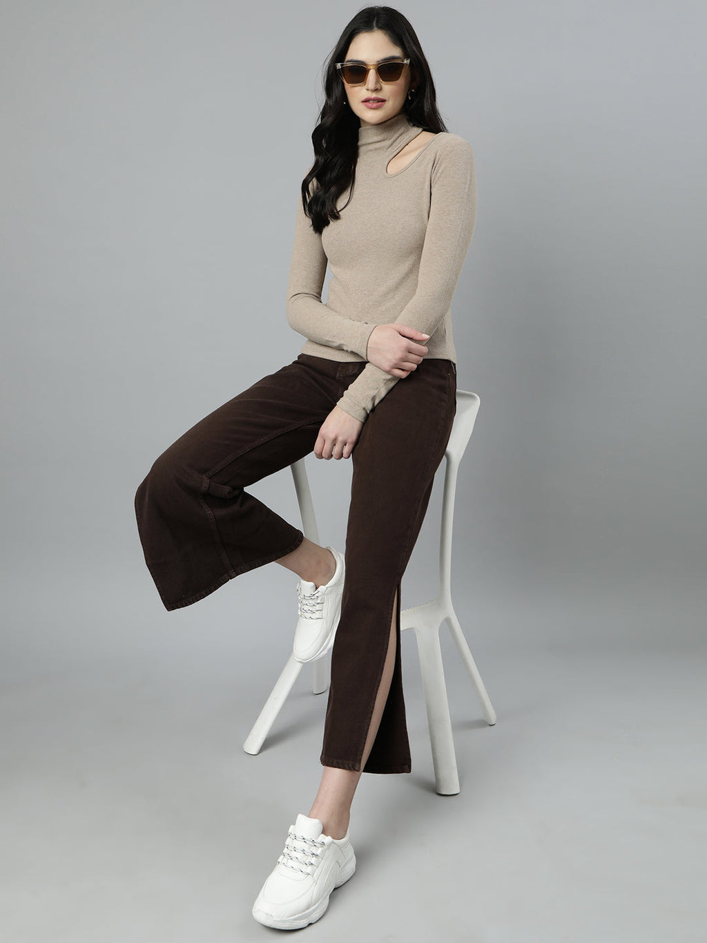 Women's Beige High Neck Long Sleeves Cut-Out Detail Fitted Top