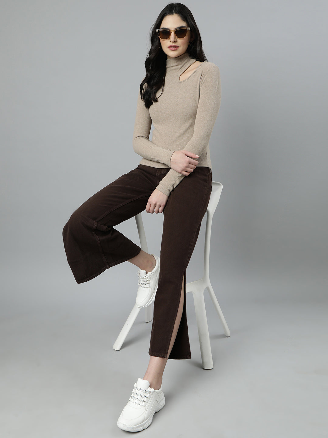 Women's Beige High Neck Long Sleeves Cut-Out Detail Fitted Top