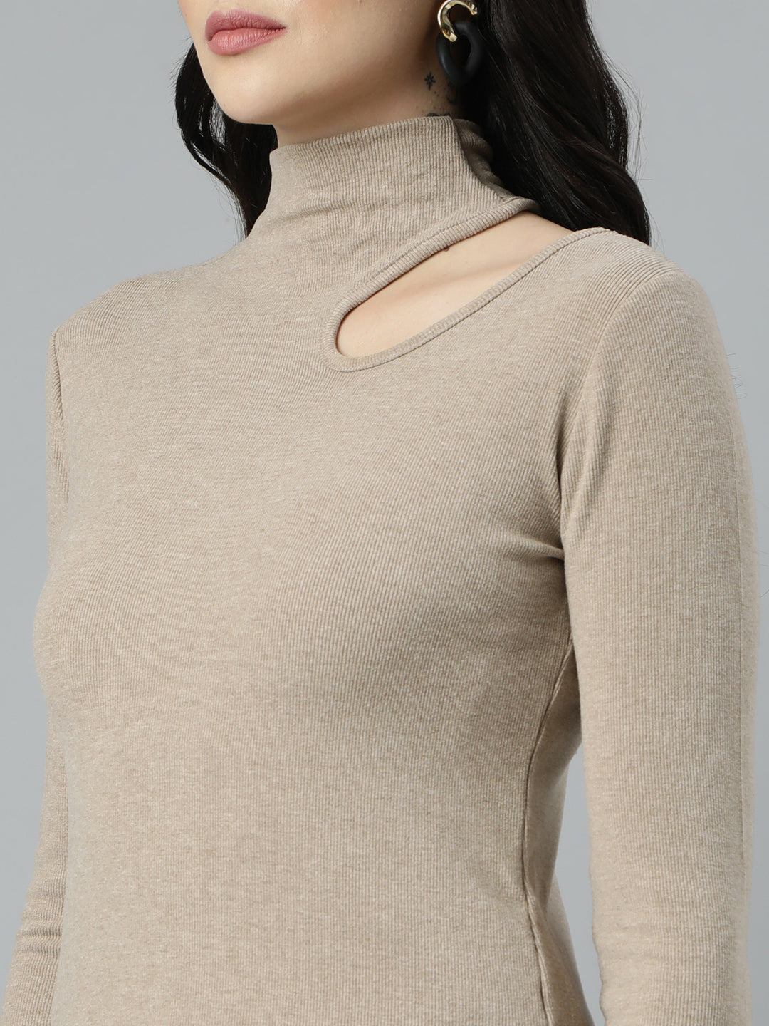 Women's Beige High Neck Long Sleeves Cut-Out Detail Fitted Top
