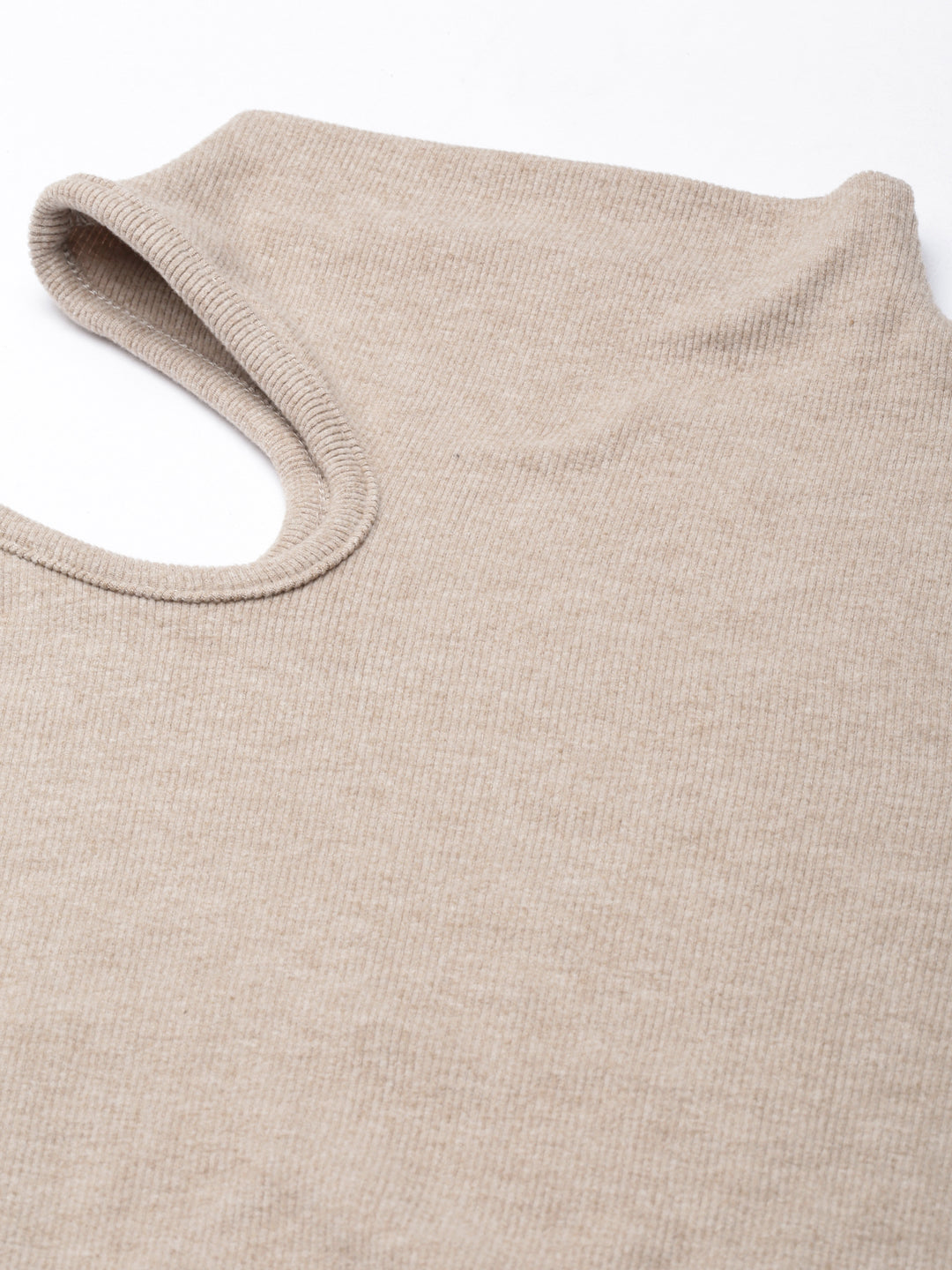 Women's Beige High Neck Long Sleeves Cut-Out Detail Fitted Top