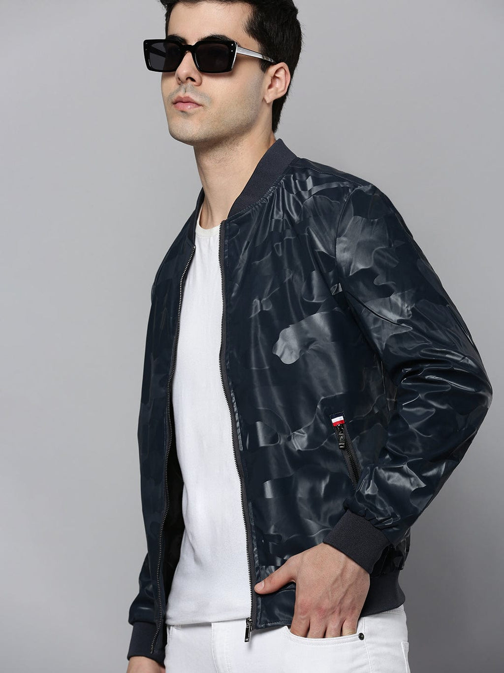 Men's Hooded Solid Navy Blue Leather Jacket