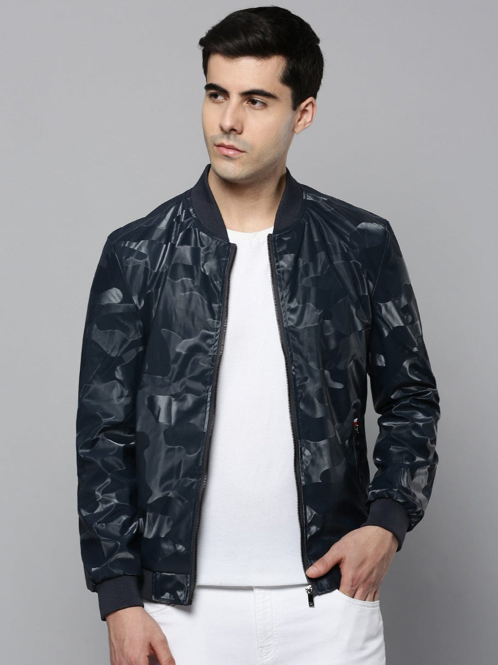 Men's Hooded Solid Navy Blue Leather Jacket