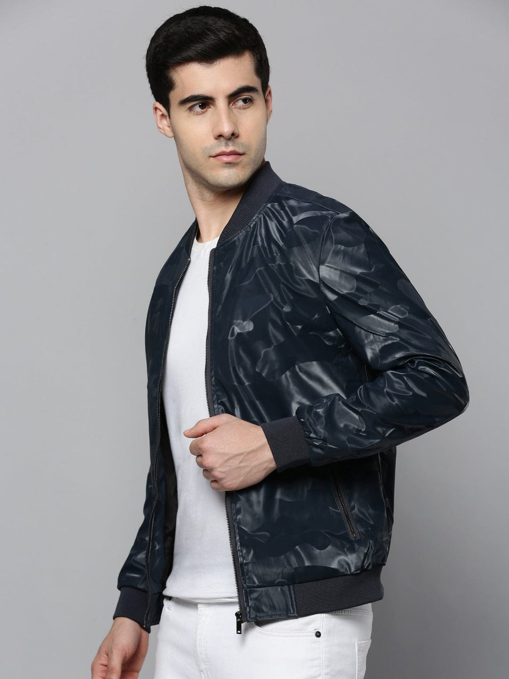 Men's Hooded Solid Navy Blue Leather Jacket