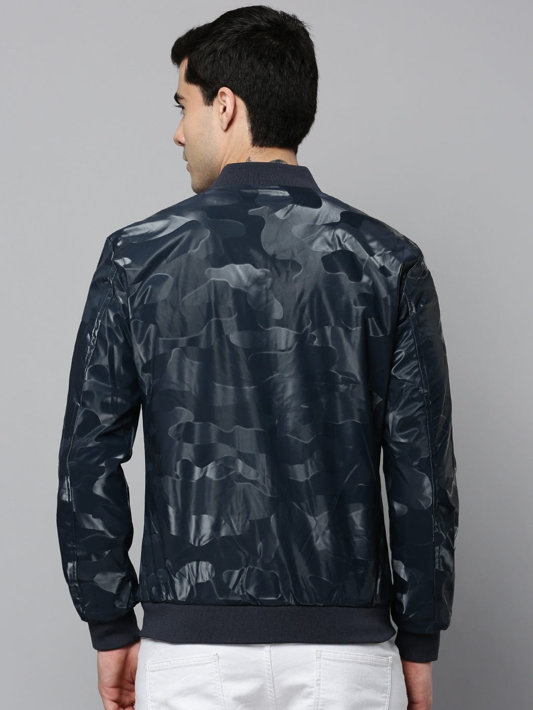 Men's Hooded Solid Navy Blue Leather Jacket