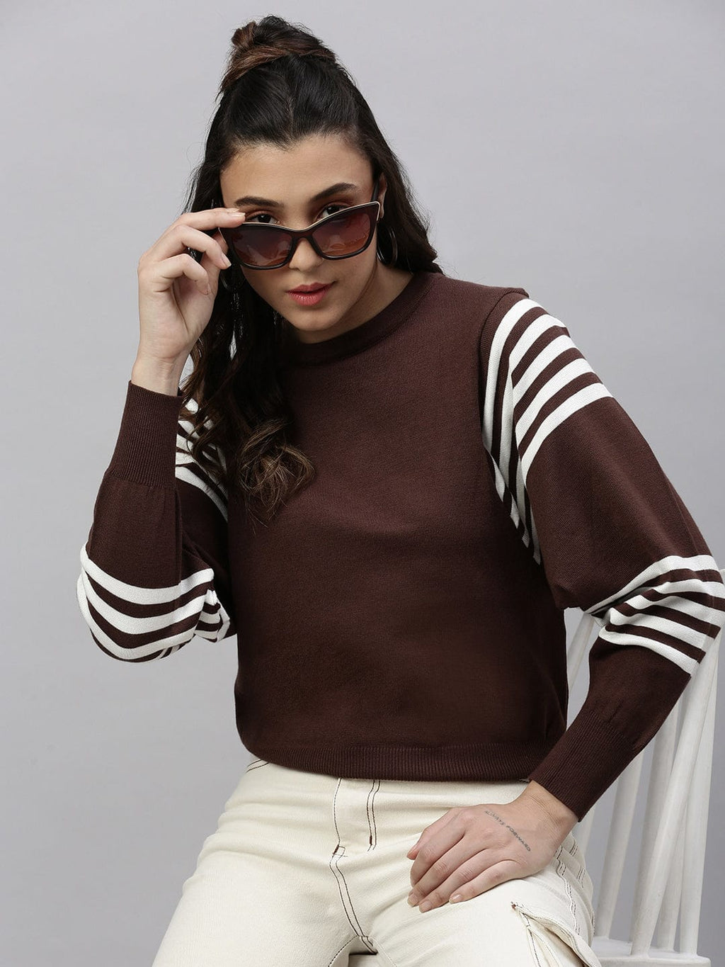Women's Brown Horizontal Striped Knits Round Neck Acrylic Top