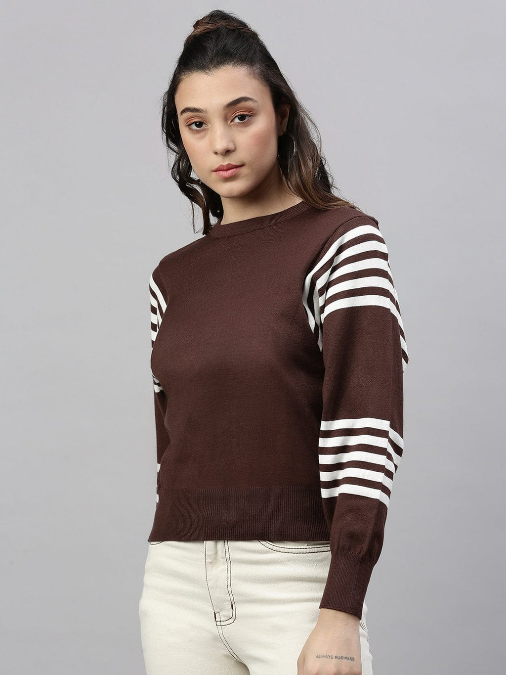 Women's Brown Horizontal Striped Knits Round Neck Acrylic Top