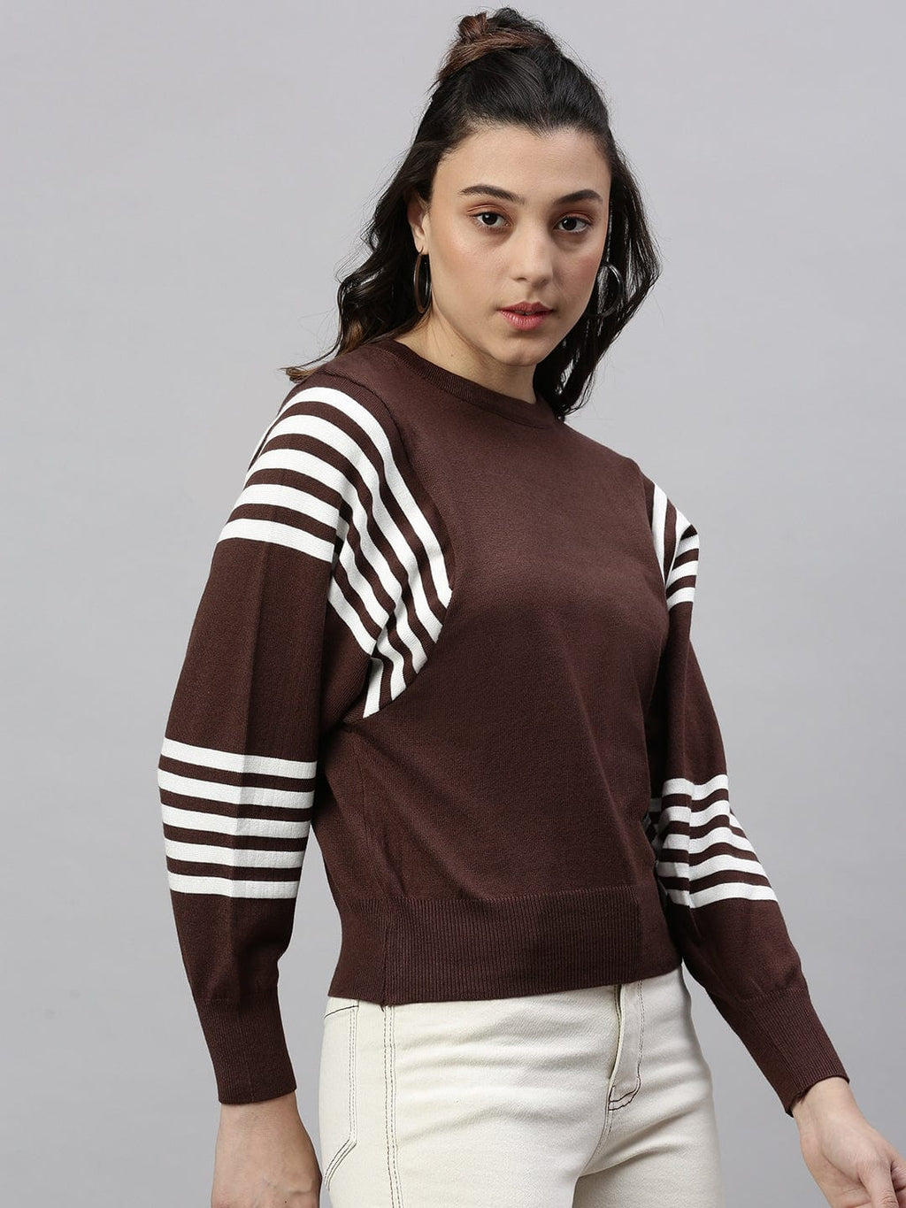 Women's Brown Horizontal Striped Knits Round Neck Acrylic Top