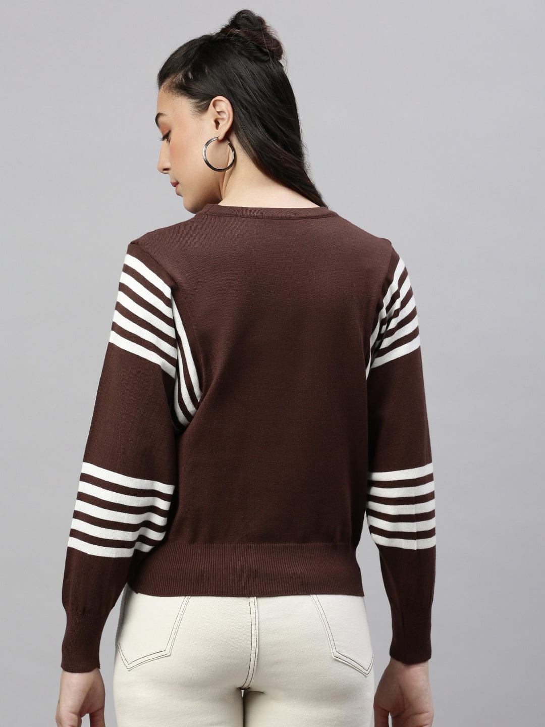 Women's Brown Horizontal Striped Knits Round Neck Acrylic Top