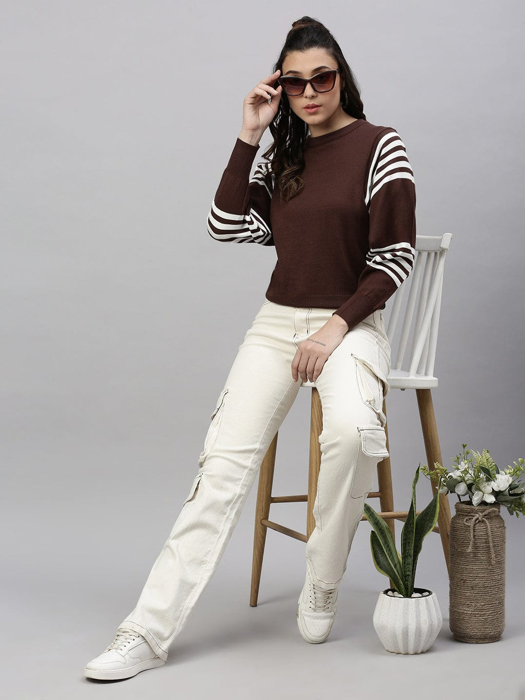 Women's Brown Horizontal Striped Knits Round Neck Acrylic Top