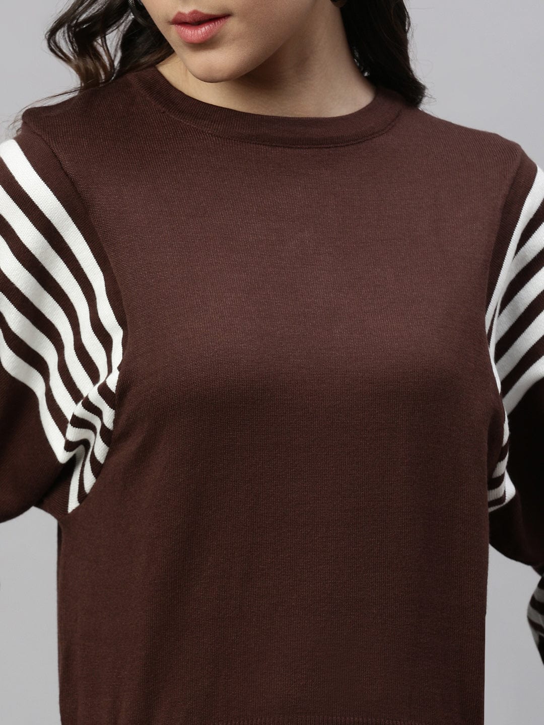 Women's Brown Horizontal Striped Knits Round Neck Acrylic Top