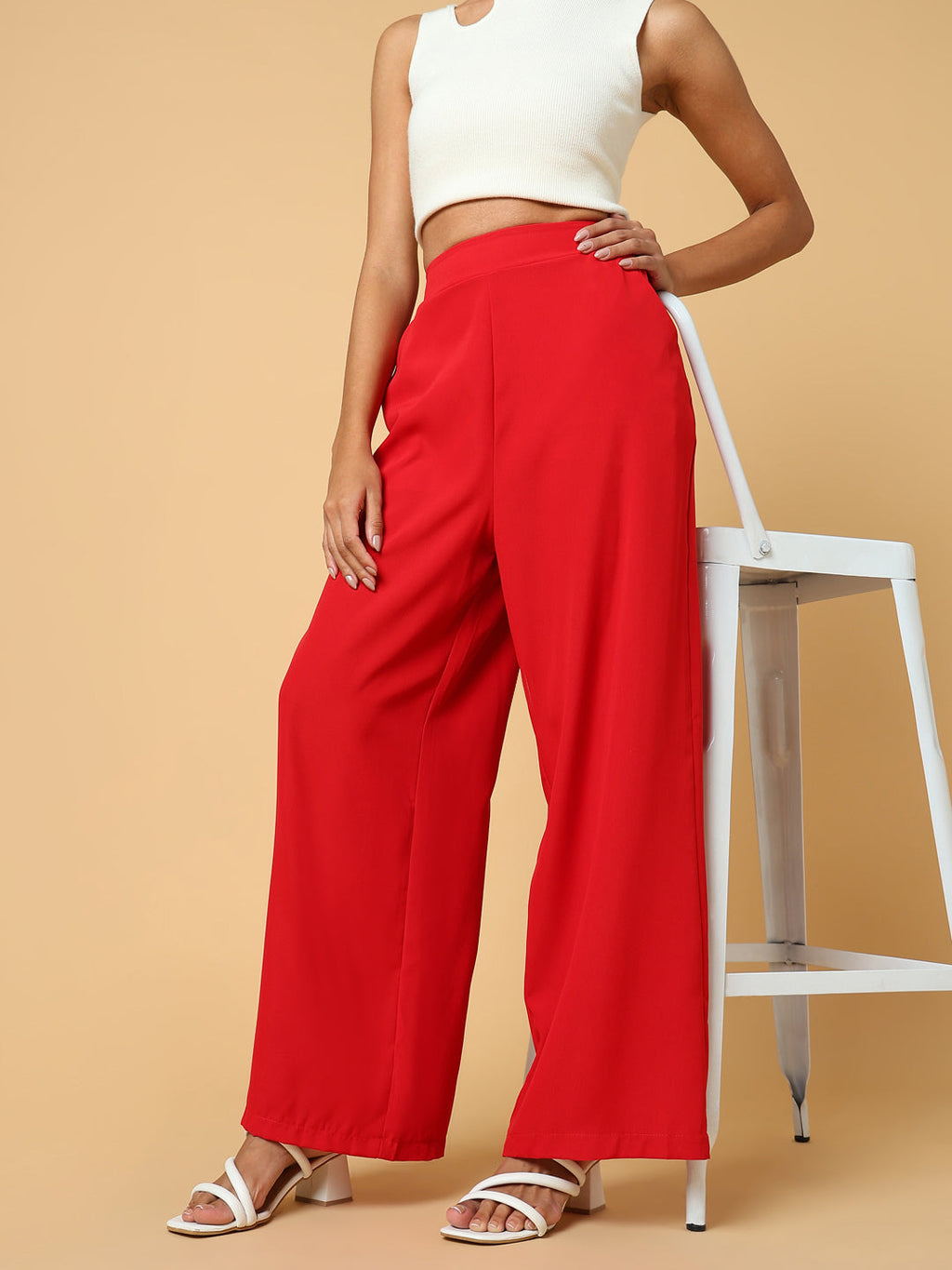 Women's Red Comfort Slim Fit Trousers
