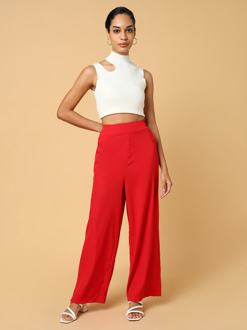 Women's Red Comfort Slim Fit Trousers
