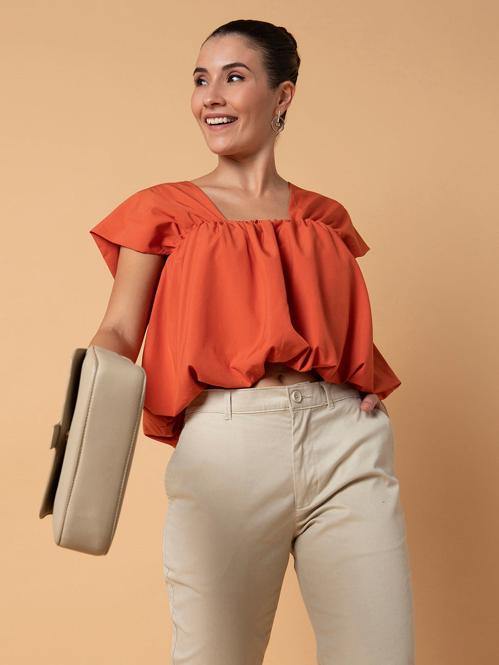 Women's Orange Solid Square Neck Synthetic Crepe Top