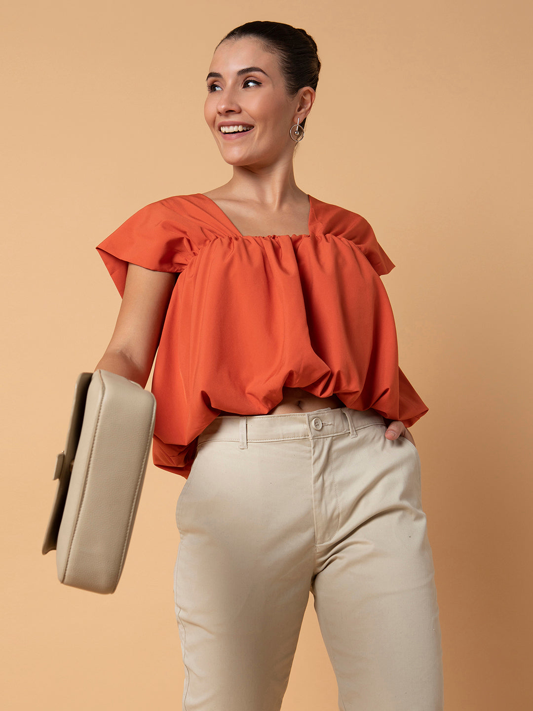 Women's Orange Solid Square Neck Synthetic Crepe Top