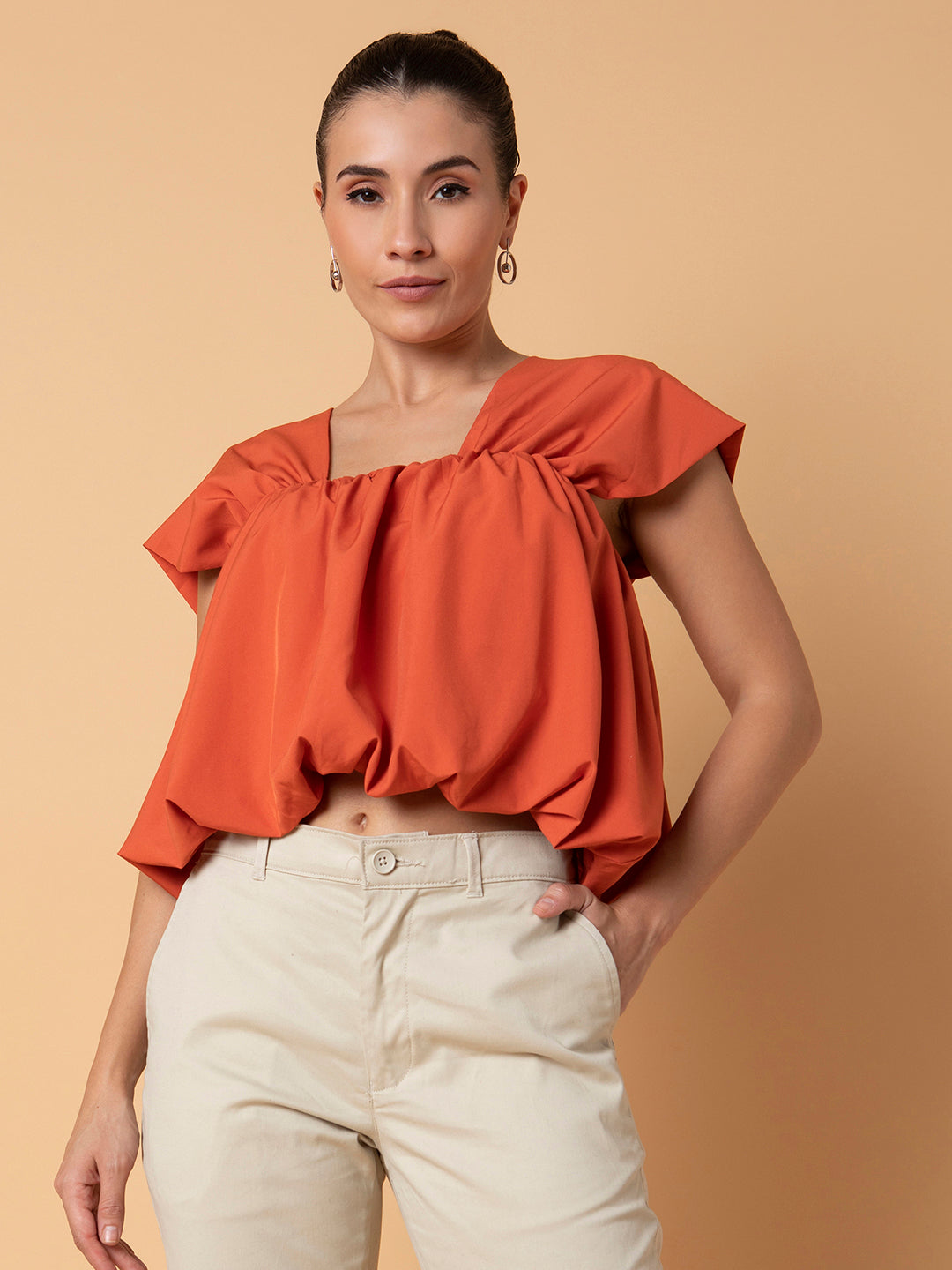 Women's Orange Solid Square Neck Synthetic Crepe Top